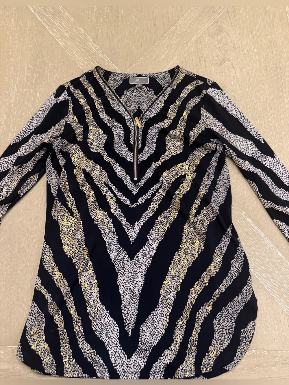 JM Collection navy, silver and gold  Patterned Zip-Front Top